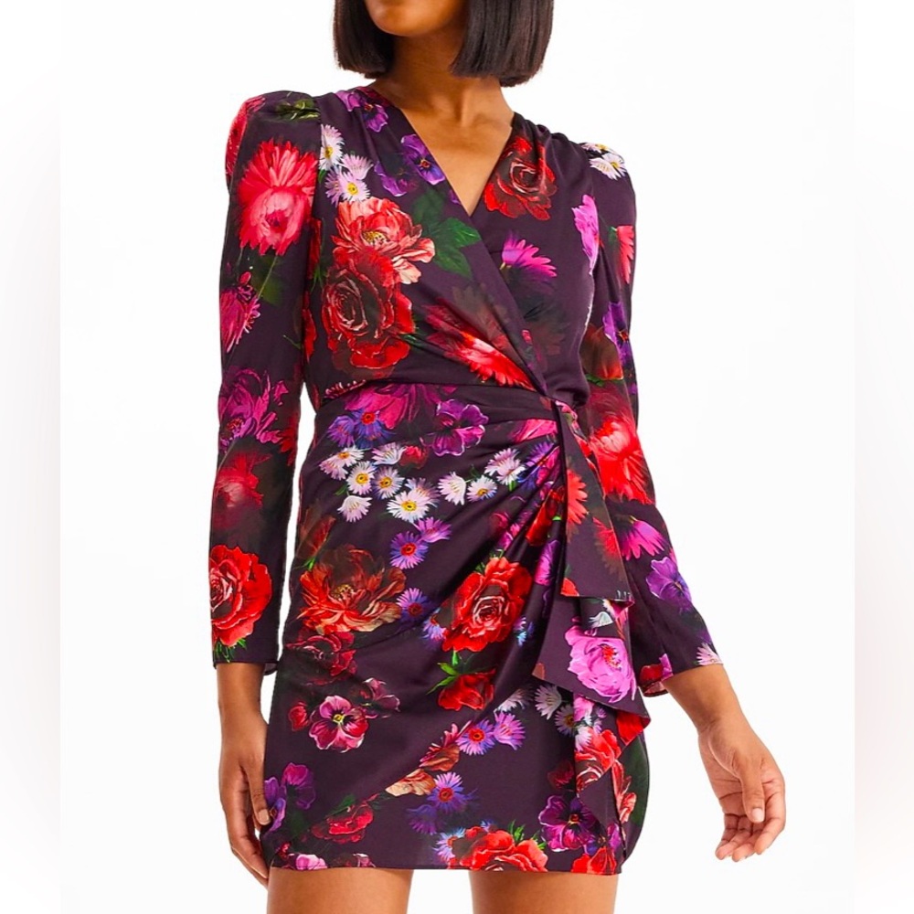 EXPRESS long sleeve silk floral wrap dress